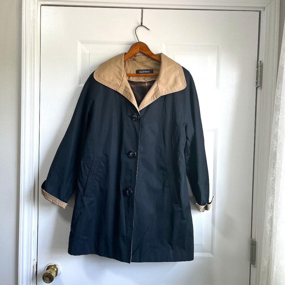 Ellen Tracy Fully Lined Black and Tan Wool Plaid Swing Raincoat Size P Small